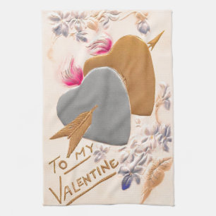 Vintage Silver & Gold Hearts Valentijn Briefkaart Theedoek