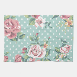 Vintage sjofel elegant bloemen blauwgroen roze theedoek