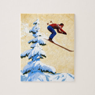 Vintage Ski Poster, Ski jumper en dennenbomen Legpuzzel