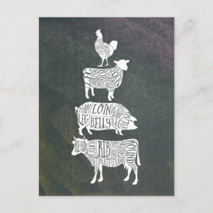 Vintage Slager Vlees Snij Cow Varken Kip Kunst Briefkaart