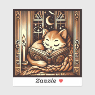 Vintage slapende Art Deco stijl kat met een boek Sticker