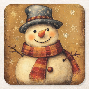 Vintage Sneeuwman Kerst Onderzetter