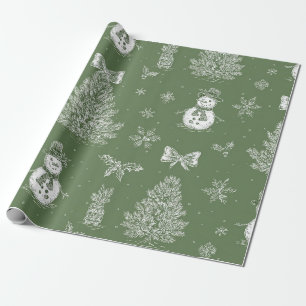 Vintage Sneeuwman Kerst Toile Salie Groen Wit Cadeaupapier