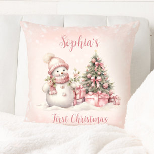 Vintage Snowman Girl rose Premier Coussin de Noël
