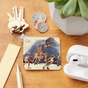 Vintage sport basketbal, spelers in een wedstrijd sleutelhanger