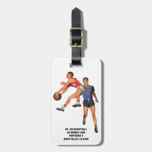 Vintage sport, basketbalspelers in een spel Lugga Bagagelabel