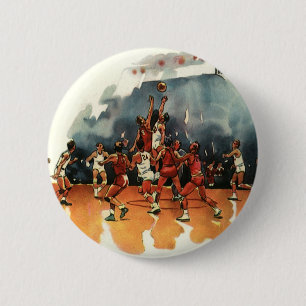 Vintage sport basketbalwedstrijd, basketballers ronde button 5,7 cm