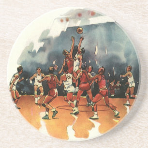 Vintage sport basketbalwedstrijd, basketballers zandsteen onderzetter