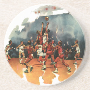 Vintage sport basketbalwedstrijd, basketballers zandsteen onderzetter