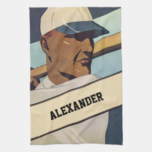Vintage sport honkbal slagman, gestileerde kunst theedoek