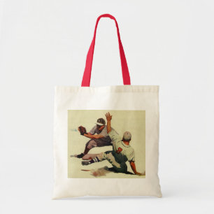 Vintage sport honkbal, speler die naar thuis glijd tote bag