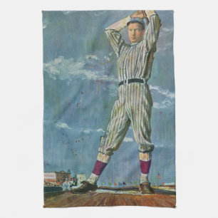 Vintage sport honkbal, werper in honkbalwedstrijd theedoek