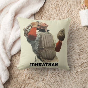 Vintage sport honkbalspeler, catcher kijkt omhoog kussen