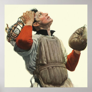 Vintage sport honkbalspeler, Catcher kijkt omhoog Poster