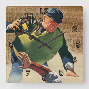 Vintage sport honkbalspeler, de scheidsrechter vierkante klok