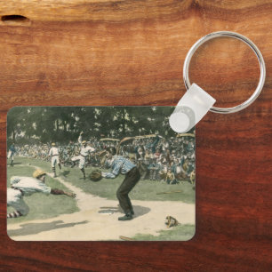 Vintage sport, honkbalspeler die naar het thuis gl sleutelhanger