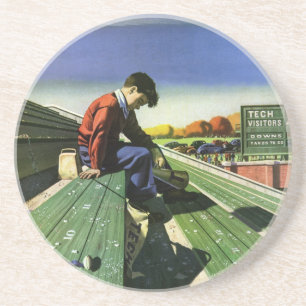 Vintage sport, treurige voetbalfan met megafoon zandsteen onderzetter
