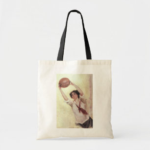 Vintage sport, vrouwelijke basketbalspeler met bal tote bag