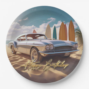 Vintage sportauto tropisch strand Gelukkig verjaar Papieren Bordje