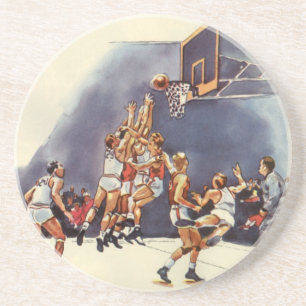 Vintage sportbasketbal, spelers in een wedstrijd zandsteen onderzetter