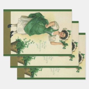 Vintage St. Patrick's Day Ierse dame met klavers Inpakpapier Vel