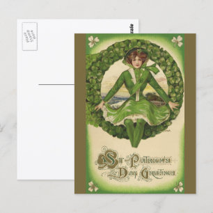 Vintage St. Patrick's Day, Ierse meisje in een kra Briefkaart