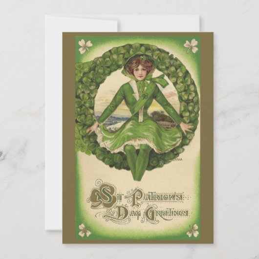 Vintage St. Patrick's Day, krans met Ierse meisje Kaart (Voorkant)