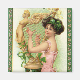 Vintage St. Patrick's Day Lady Musician Harp Magneet