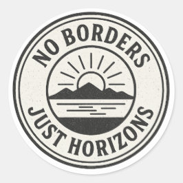 Vintage Stamp – “No Borders, Just Horizons”. Ronde Sticker