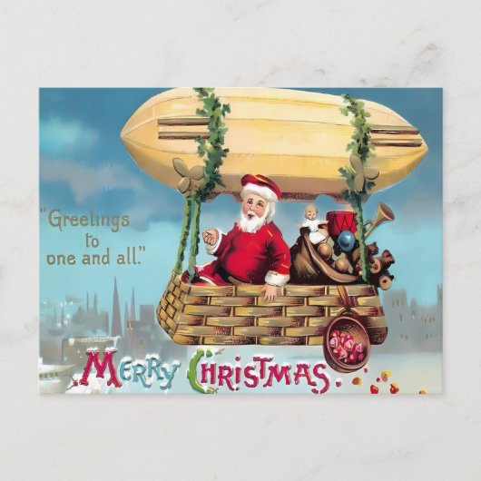 Vintage Steampunk Luchtvaartuig Kerstman 'Groeten' Briefkaart (Voorkant)