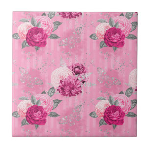 Vintage Steampunk Roze Rozen en Zilver Glitter Tegeltje