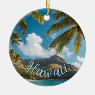 Vintage stijl Hawaiaanse blauwe zee palmen lucht r Keramisch Ornament