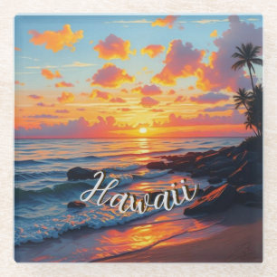 Vintage stijl Hawaiaanse reis kust zee zonsonderga Glazen Onderzetter