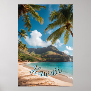 Vintage stijl Hawaiaanse reis kust zee zonsonderga Poster