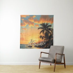 Vintage stijl Hawaiaanse reis kust zee zonsonderga Wandkleed