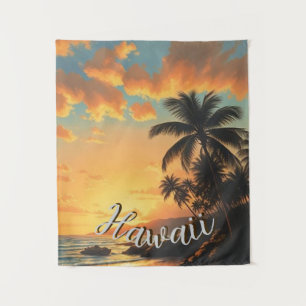 Vintage stijl Hawaiaanse reis kust zee zonsonderga Wandkleed