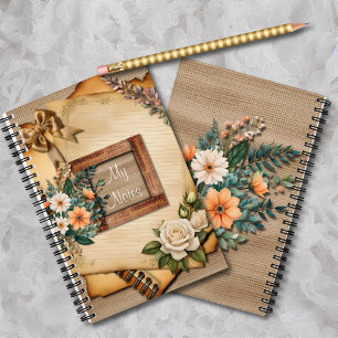 Vintage Stijl Oud Papier Bloemen op Jute Notitieboek