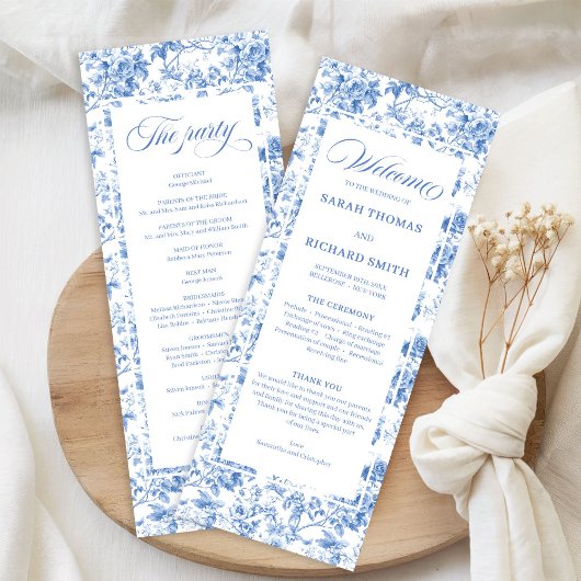 Vintage Stofblauw Toile Rozen Huwelijksprogramma Programma