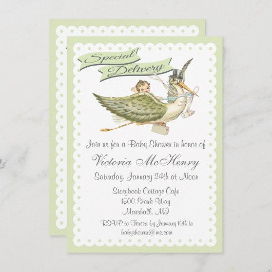 Vintage Storybook Stork Baby Shower Invitations (Devant / Derrière)
