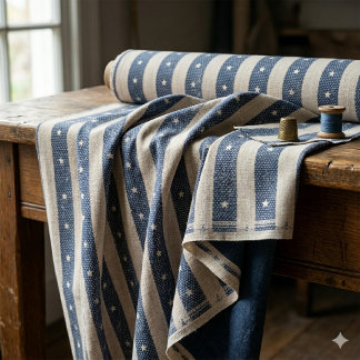 Vintage Streep & Kleine Sterren Blauw & Wit ID1306 Stof