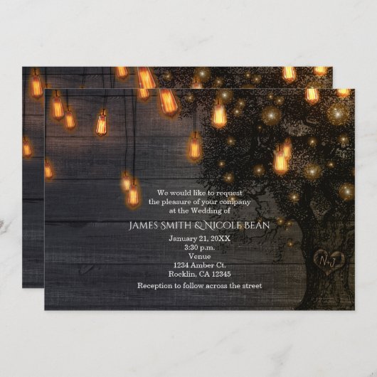 Vintage String Lights & Tree Wedding Invitations (Devant / Derrière)