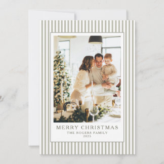 Vintage Stripes Sage Green Photo Christmas Feestdagenkaart