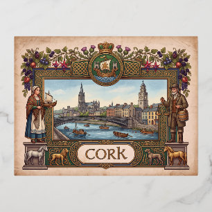 Vintage-Style Cork, Ierland Premium Ansichtkaart Folie Feestdagen Briefkaart