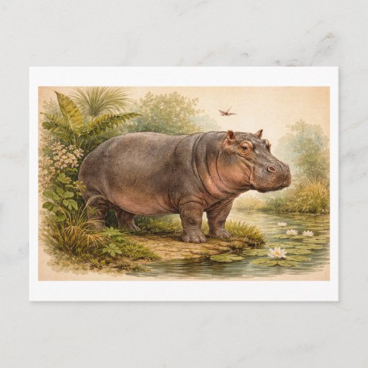 Vintage-Style Hippo Illustration Briefkaart (Voorkant)