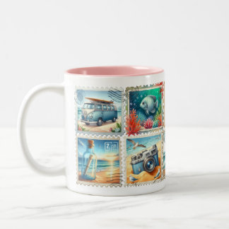 Vintage Summer Stamp Mug – Beach Travel Aesthetic Tweekleurige Koffiemok