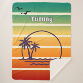 Vintage Sunset Palm Tree and Seagulls with Name Sherpa Deken