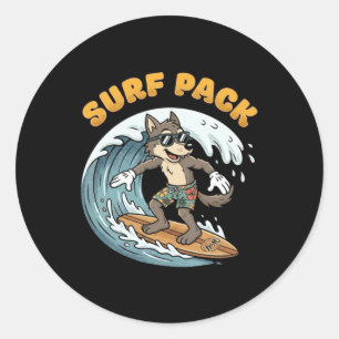 Vintage Surfing Wolf Surf Pack Oceaan Golven Retro Ronde Sticker