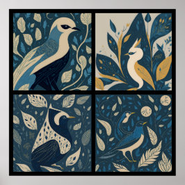 vintage surreal birds 4/4 all in one poster