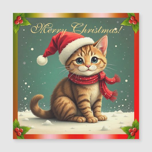 Vintage Tabby Kitten Christmas Card Magnet (Devant)