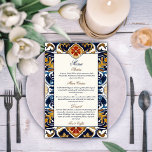 Vintage Talavera Azulejo menu mariage mexicain<br><div class="desc">Vintage Talavera Azulejo Carrelage bleu méditerranéen marron mariage carte carte carte de menu personnalisé accueil de mariage papeterie carte de menu personnalisée</div>